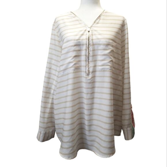 Calvin Klein Striped Zipper V-neck Roll Tab Blouse XL - Picture 6 of 6